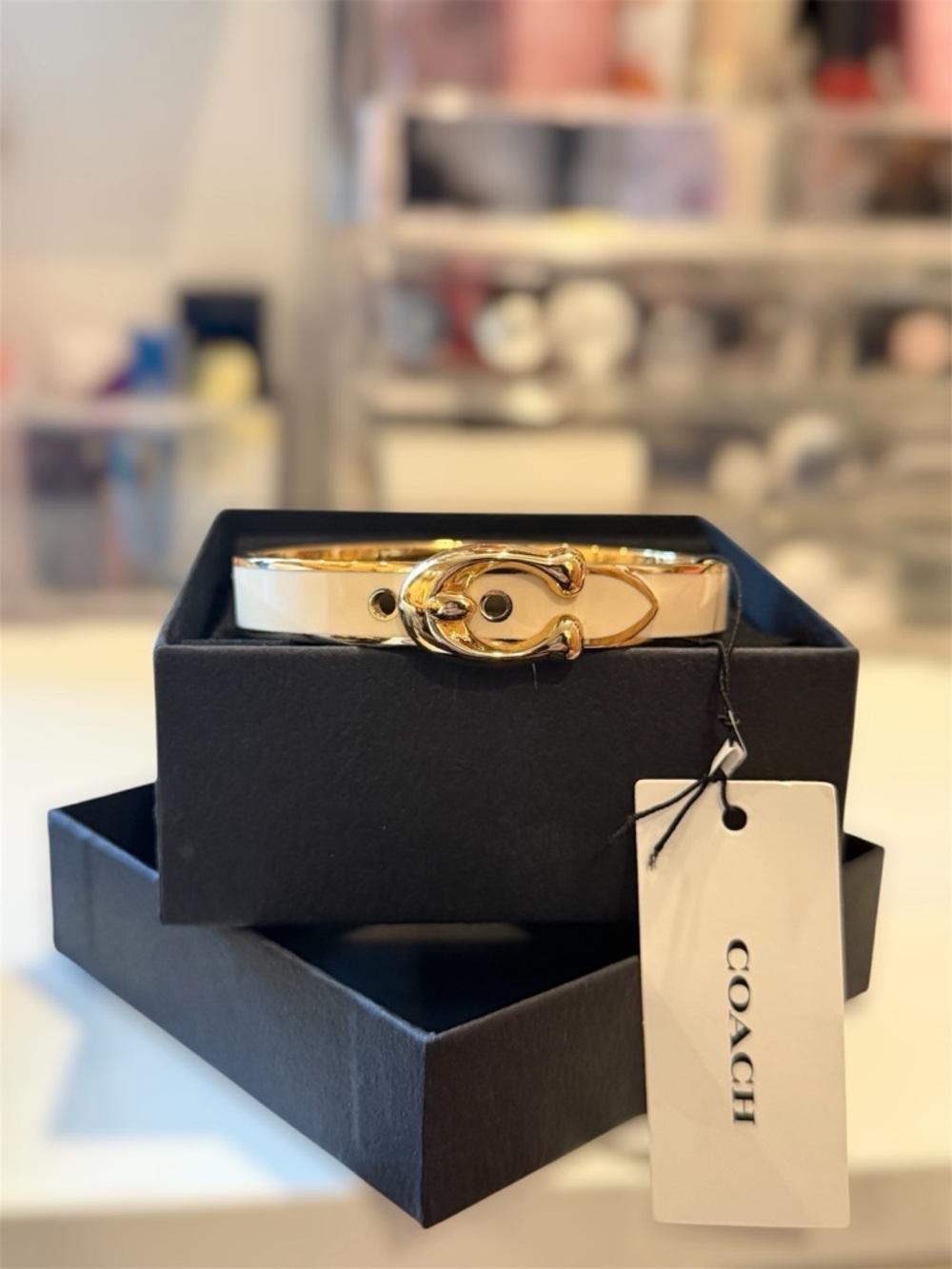 NWT COACH Signature Gold-tone 'C' Buckle Bracelet with White Inlay